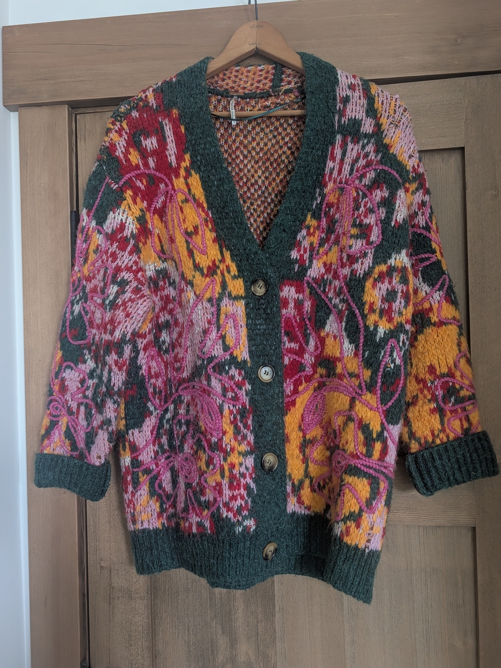 Free People ALEXIS Dark Green Multicolor Floral Knit Cardigan